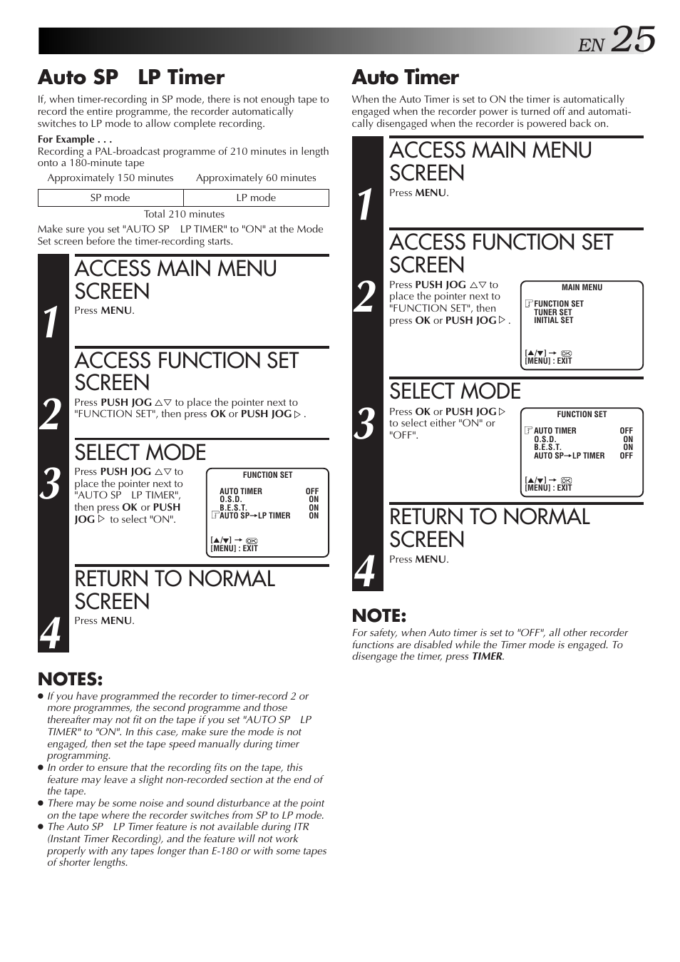 Access main menu screen, Access function set screen, Select mode | Return to normal screen, Auto timer, Auto sp → lp timer | JVC HR-J255EA User Manual | Page 25 / 40