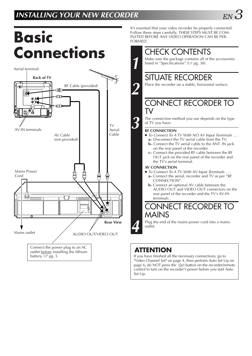Basic connections, Check contents, Situate recorder | Connect recorder to tv, Connect recorder to mains, Installing your new recorder | JVC HR-J255EA User Manual | Page 3 / 40