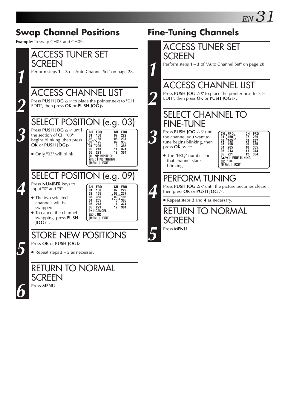 Access tuner set screen, Access channel list, Select channel to fine-tune | Perform tuning, Return to normal screen, Select position (e.g. 03), Select position (e.g. 09), Store new positions, Fine-tuning channels, Swap channel positions | JVC HR-J255EA User Manual | Page 31 / 40