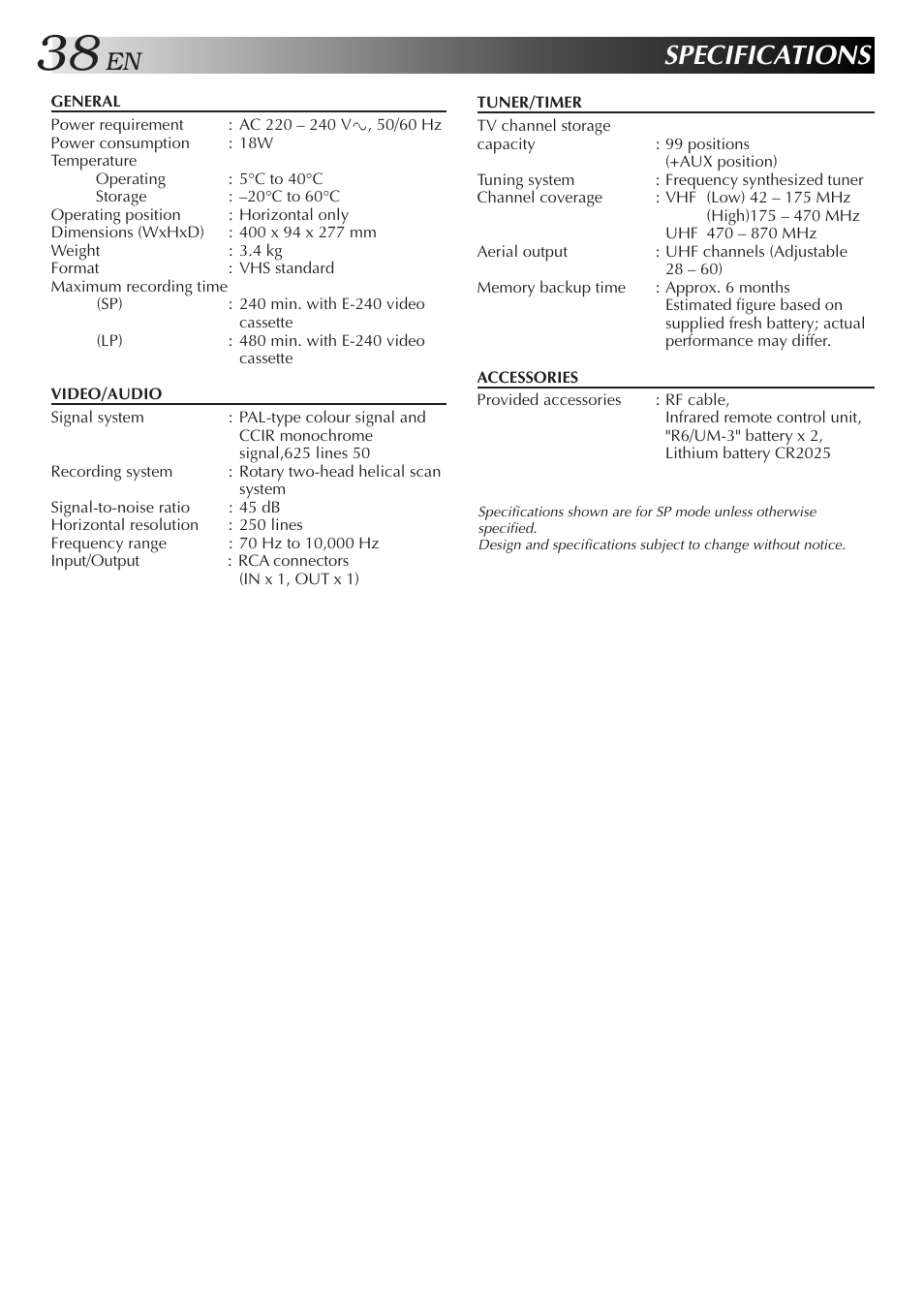 Specifications | JVC HR-J255EA User Manual | Page 38 / 40