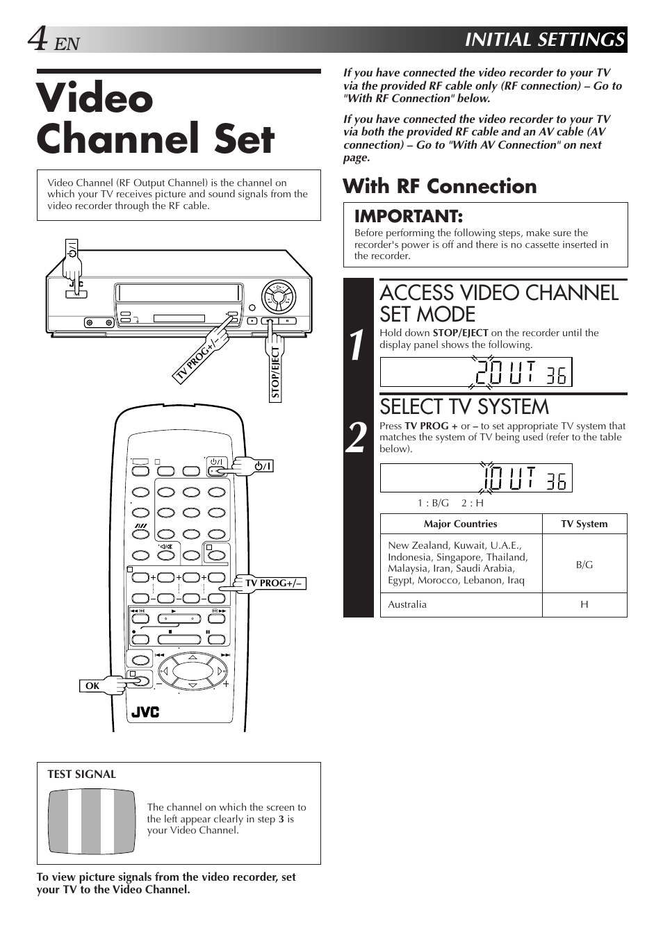 Video channel set, Access video channel set mode, Select tv system | Initial settings, With rf connection, Important | JVC HR-J255EA User Manual | Page 4 / 40
