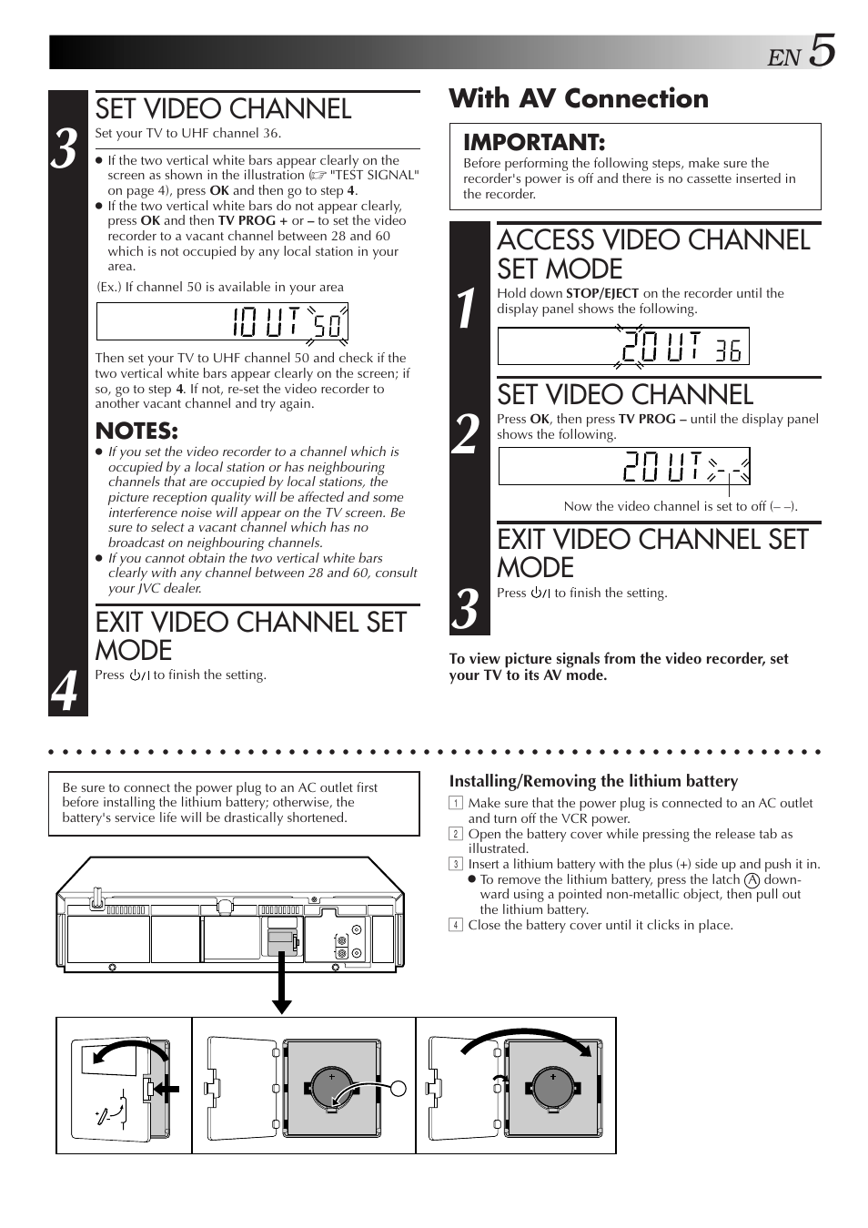 Set video channel, Exit video channel set mode, Access video channel set mode | With av connection, Important, Installing/removing the lithium battery | JVC HR-J255EA User Manual | Page 5 / 40