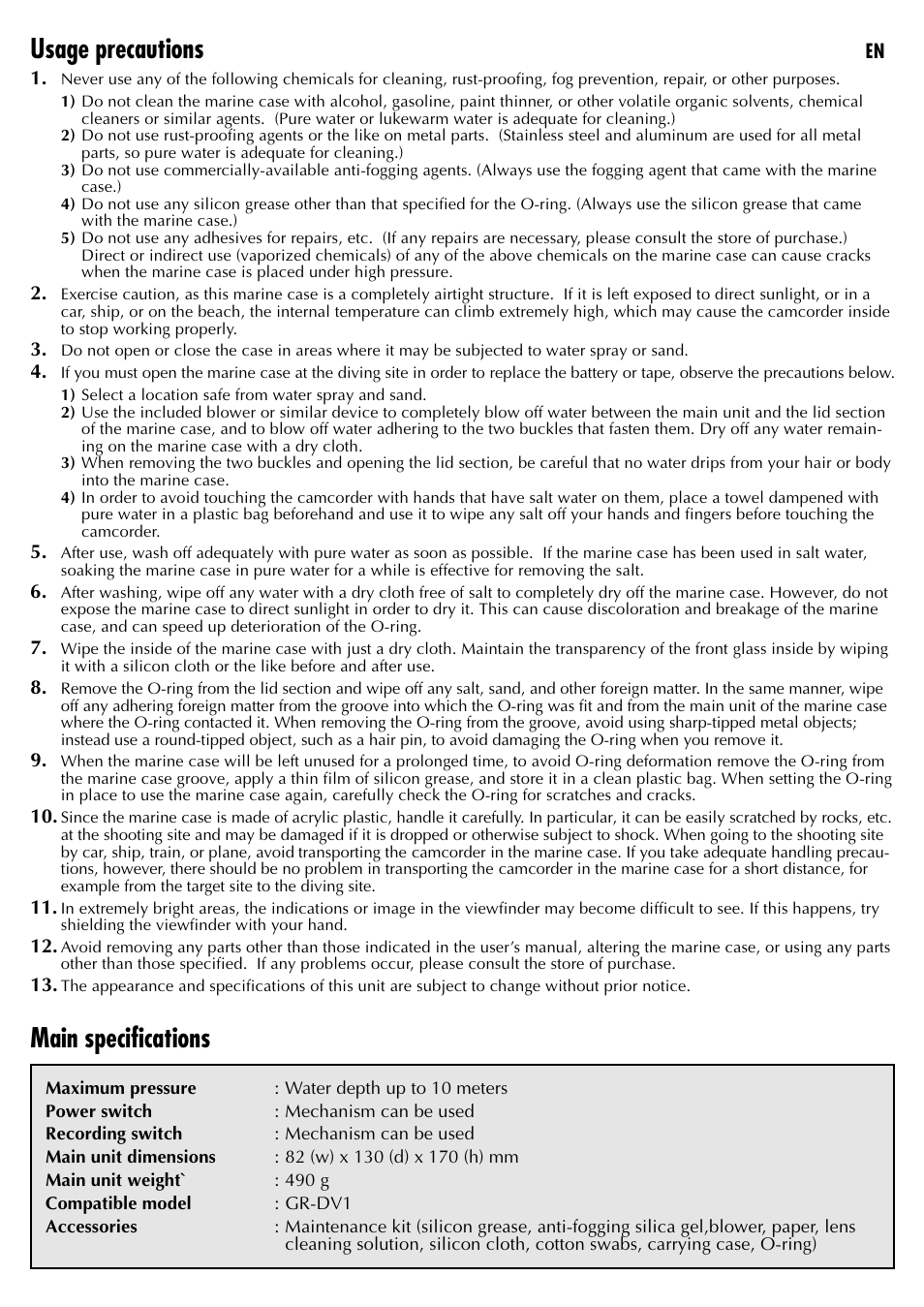 Usage precautions, Main specifications | JVC WR-DV1U User Manual | Page 2 / 8