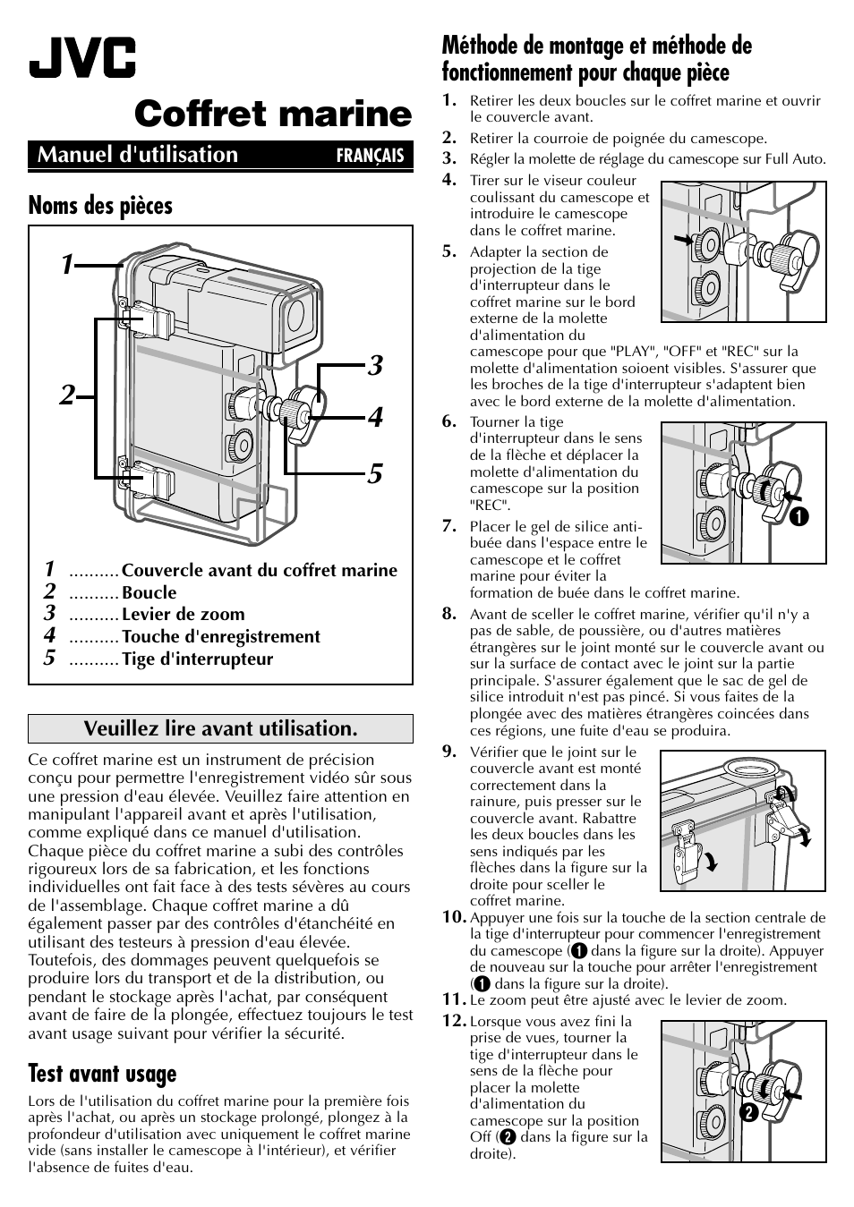 Coffret marine, Test avant usage, Manuel d'utilisation | Pour gr-dv1 caméra vidéo numérique | JVC WR-DV1U User Manual | Page 5 / 8