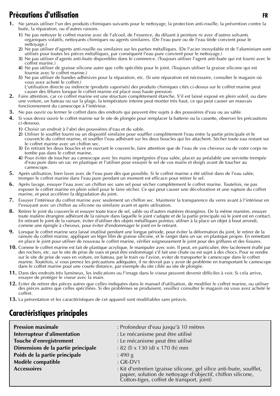 Précautions d'utilisation, Caractéristiques principales | JVC WR-DV1U User Manual | Page 6 / 8