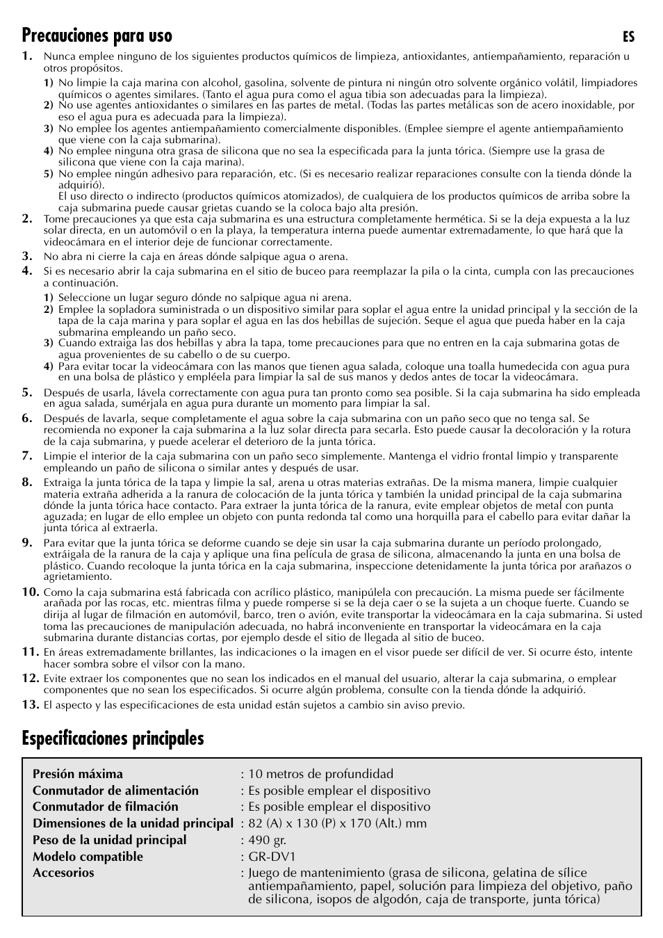 Precauciones para uso, Especificaciones principales | JVC WR-DV1U User Manual | Page 8 / 8