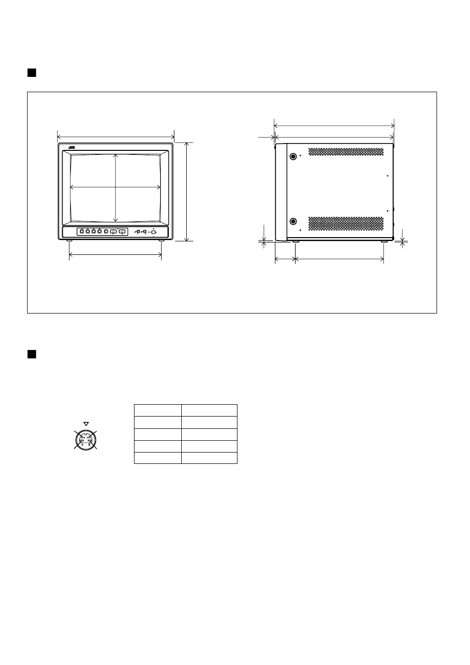 7dimensions, 7y/c (mini din 4 pin) terminal specification, Front view > < side view | JVC TM-A140PN-A User Manual | Page 14 / 16