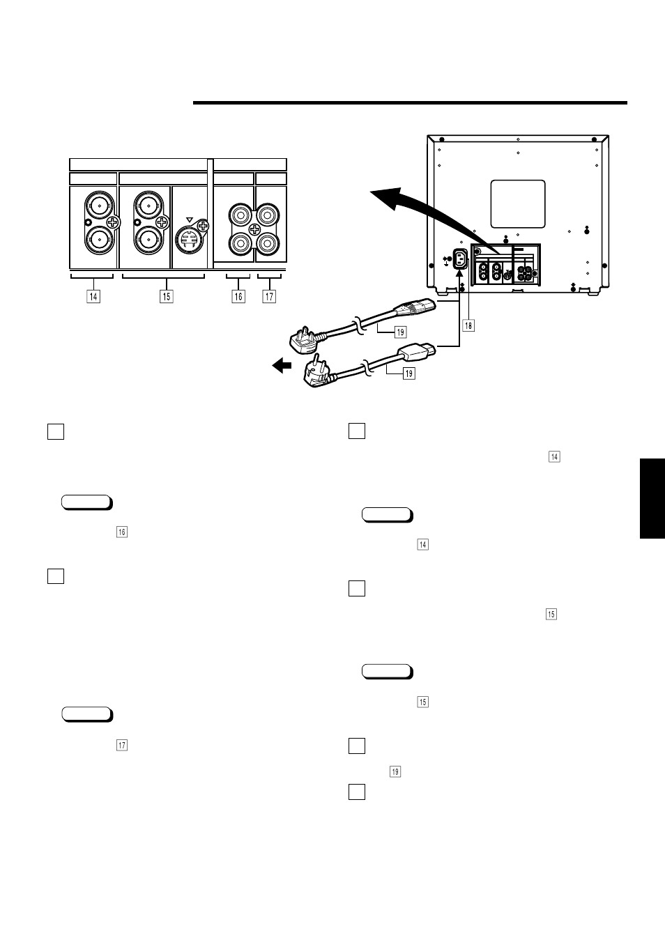 Rear view, Rear panel, English 5 | 14 video a terminals [video a in/out, 15 video b terminals [video b in/out, 16 audio a terminals [audio a in/out, 17 audio b terminals [audio b in/out, 18 ac inlet [ac in, 19 power cord | JVC TM-A140PN-A User Manual | Page 5 / 16