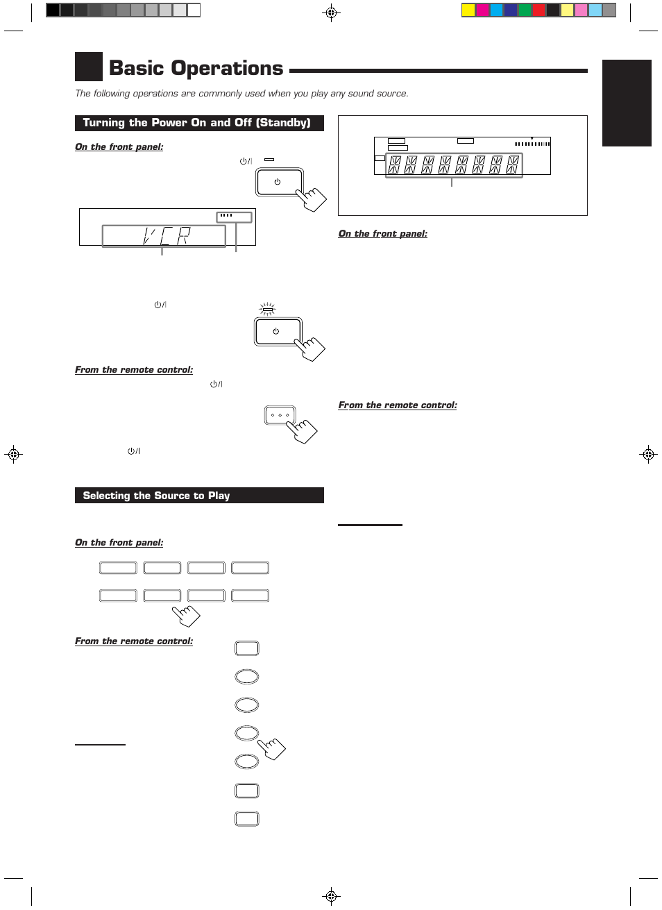 Basic operations, English, Turning the power on and off (standby) | JVC RX-558RBK User Manual | Page 11 / 32
