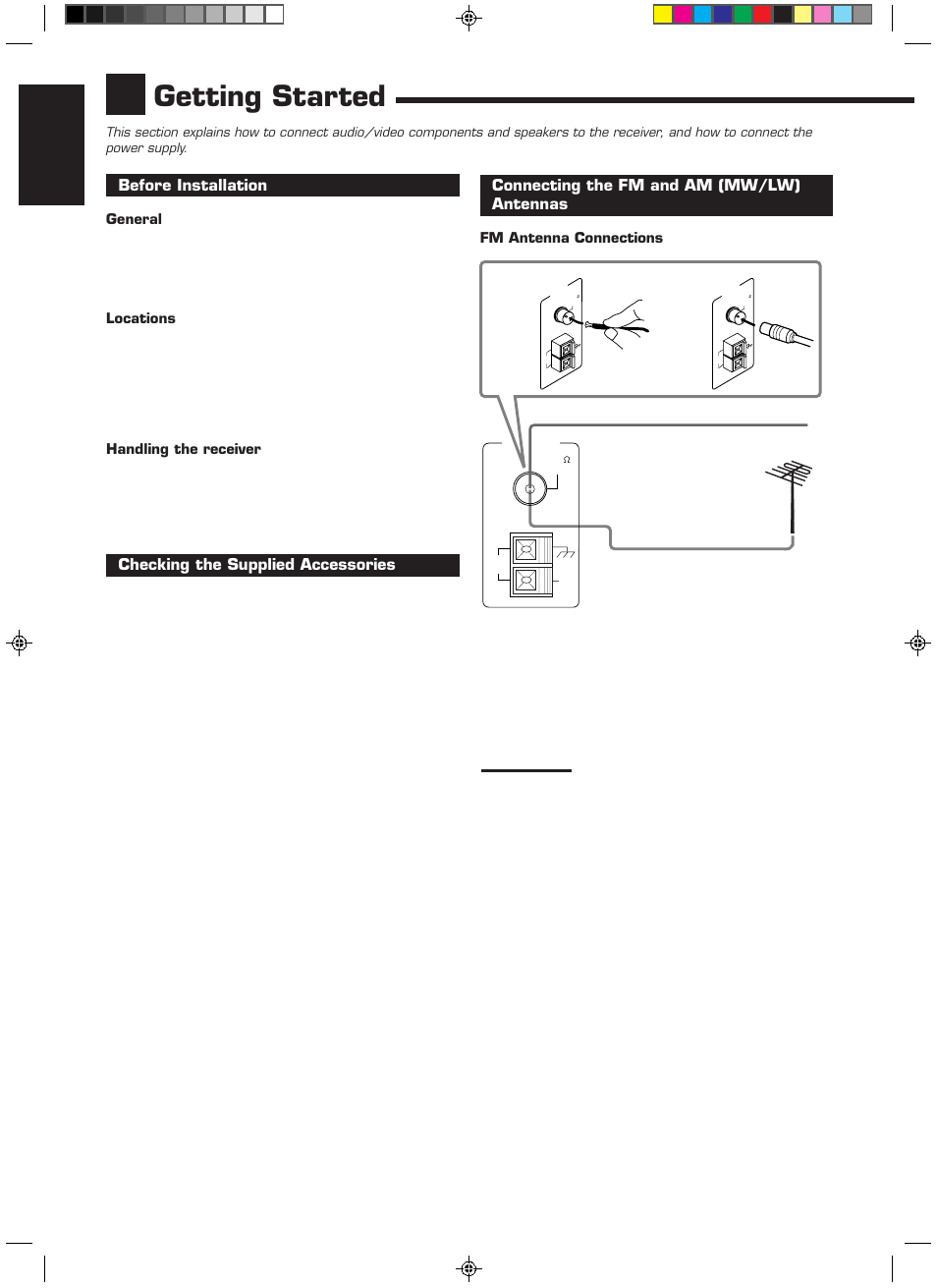 Getting started, English, Before installation | Checking the supplied accessories, Connecting the fm and am (mw/lw) antennas | JVC RX-558RBK User Manual | Page 6 / 32