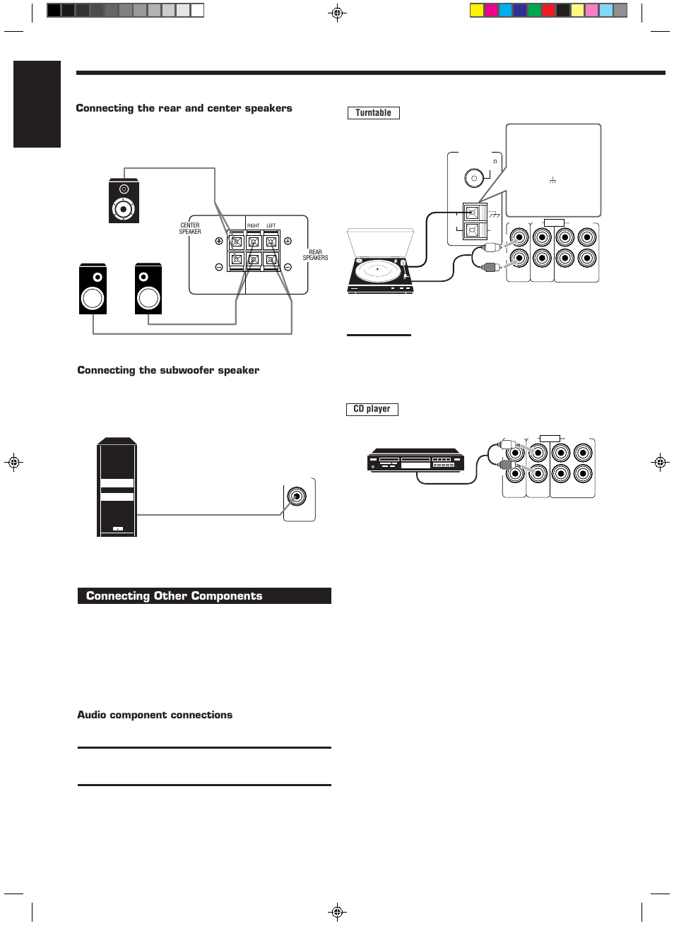English, Connecting other components, Connecting the rear and center speakers | Audio component connections, Connecting the subwoofer speaker | JVC RX-558RBK User Manual | Page 8 / 32