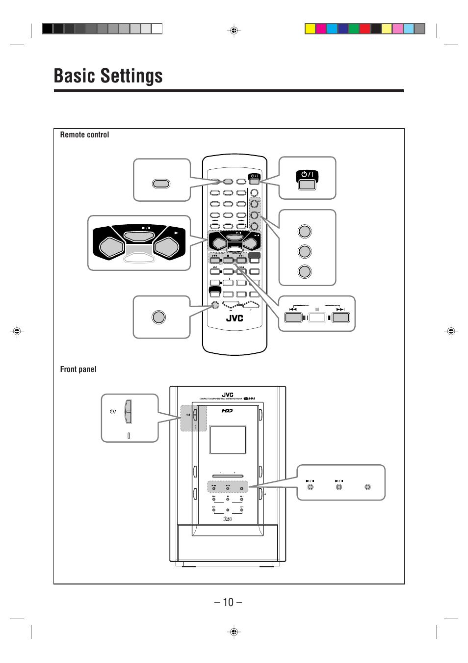 Basic settings, Remote control front panel, Clock /timer hdd cd tuner | Rec start | JVC CA-NXHD10R User Manual | Page 15 / 94