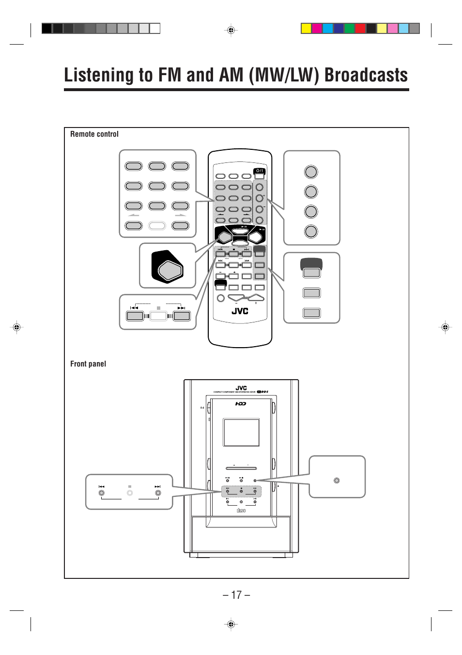 Listening to fm and am (mw/lw) broadcasts, Remote control front panel | JVC CA-NXHD10R User Manual | Page 22 / 94