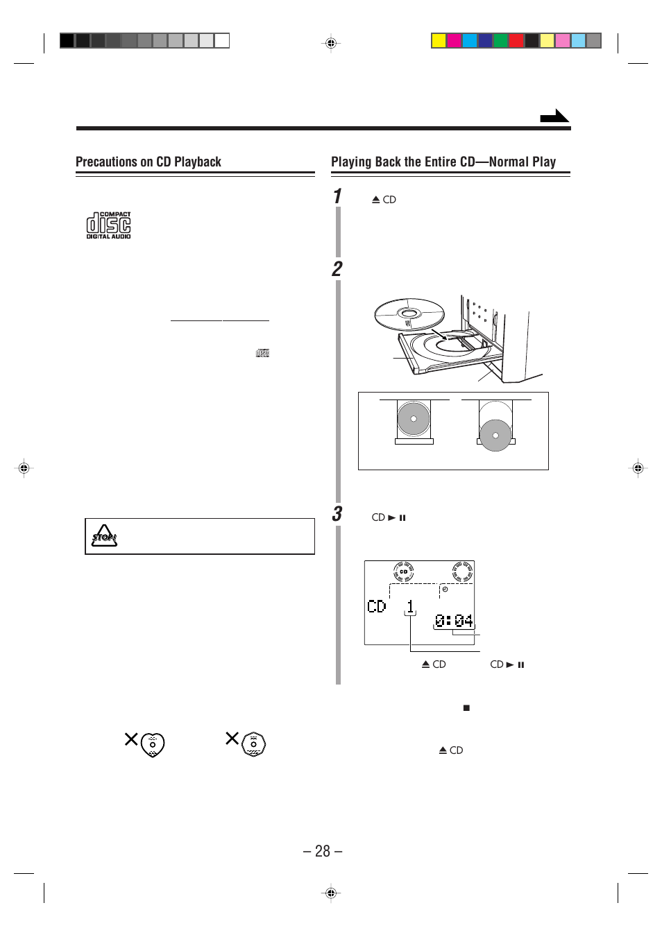 Playing back the entire cd—normal play, Precautions on cd playback | JVC CA-NXHD10R User Manual | Page 33 / 94