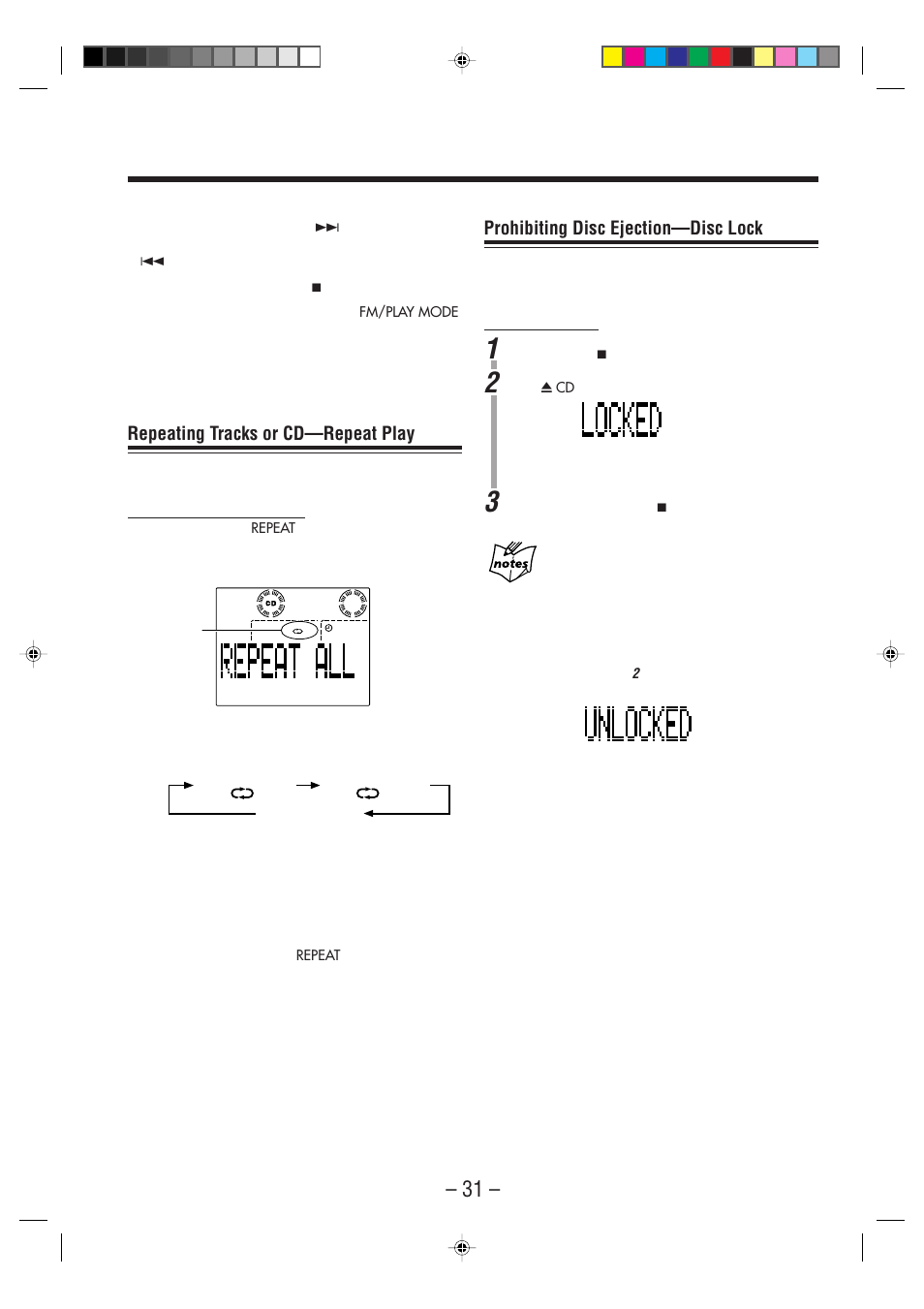 Repeating tracks or cd—repeat play, Prohibiting disc ejection—disc lock | JVC CA-NXHD10R User Manual | Page 36 / 94