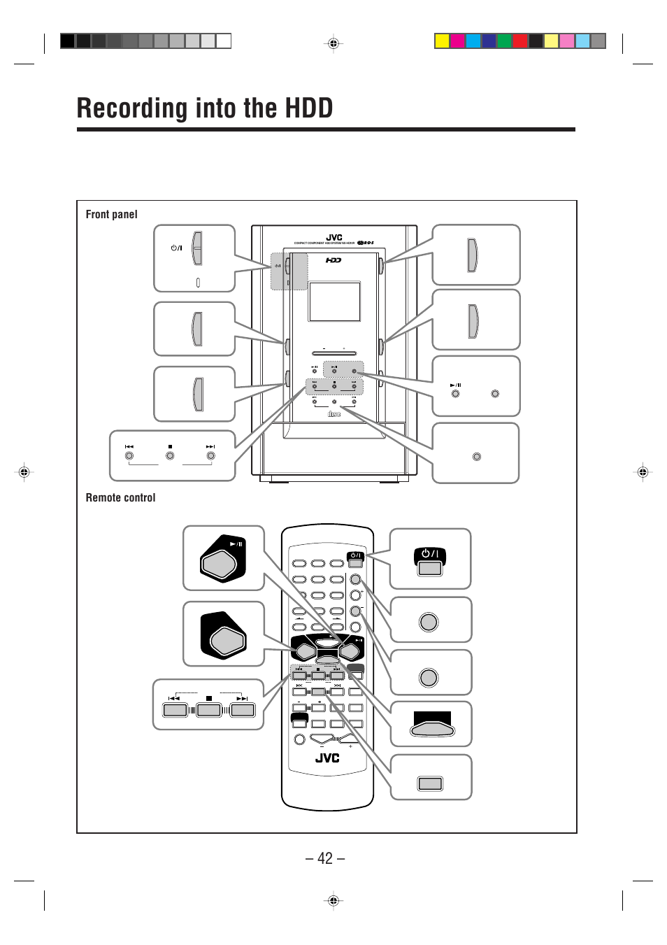 Recording into the hdd, Remote control front panel, Tuner | Rec start | JVC CA-NXHD10R User Manual | Page 47 / 94