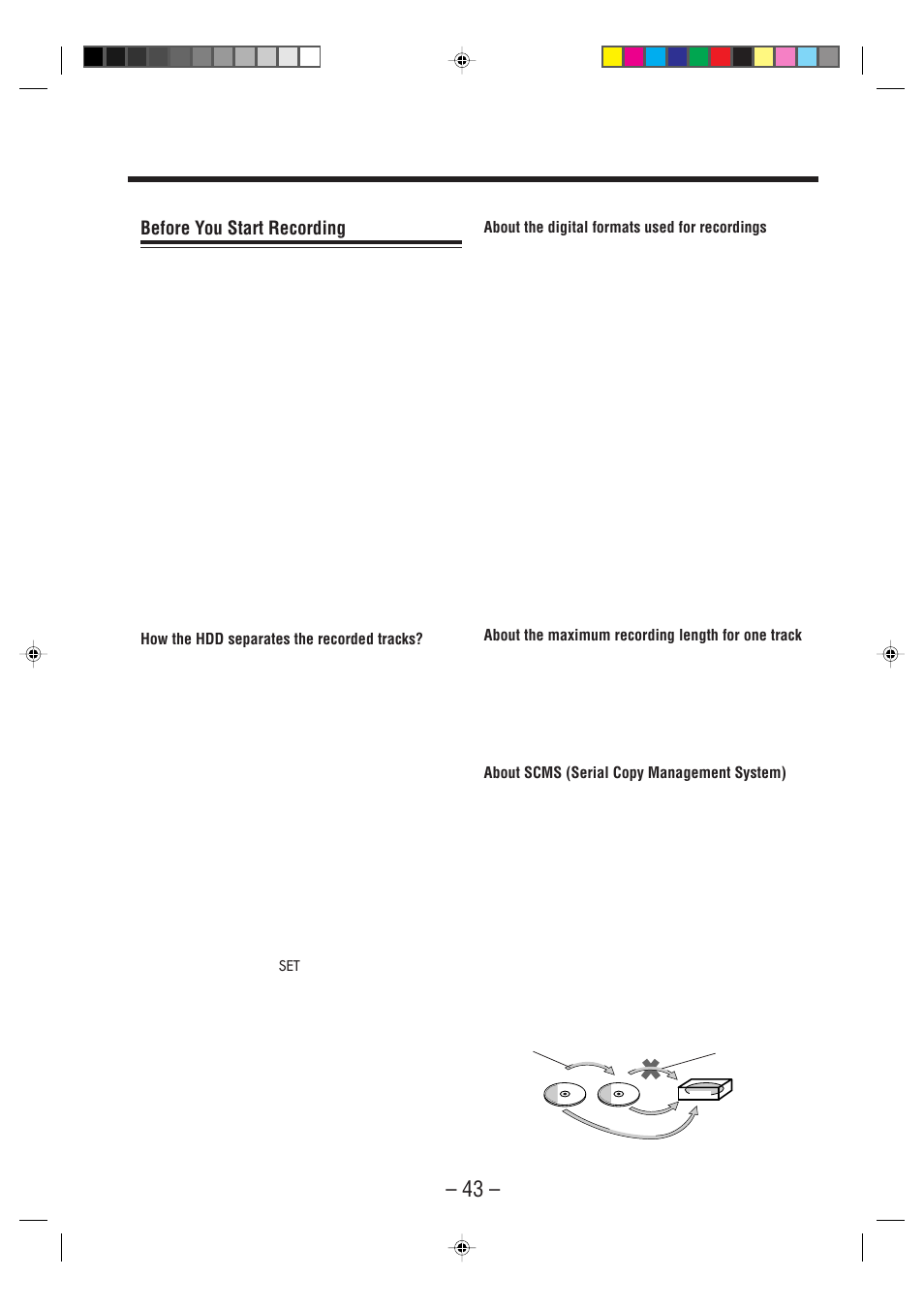 Before you start recording, How the hdd separates the recorded tracks, About the digital formats used for recordings | About the maximum recording length for one track, About scms (serial copy management system) | JVC CA-NXHD10R User Manual | Page 48 / 94