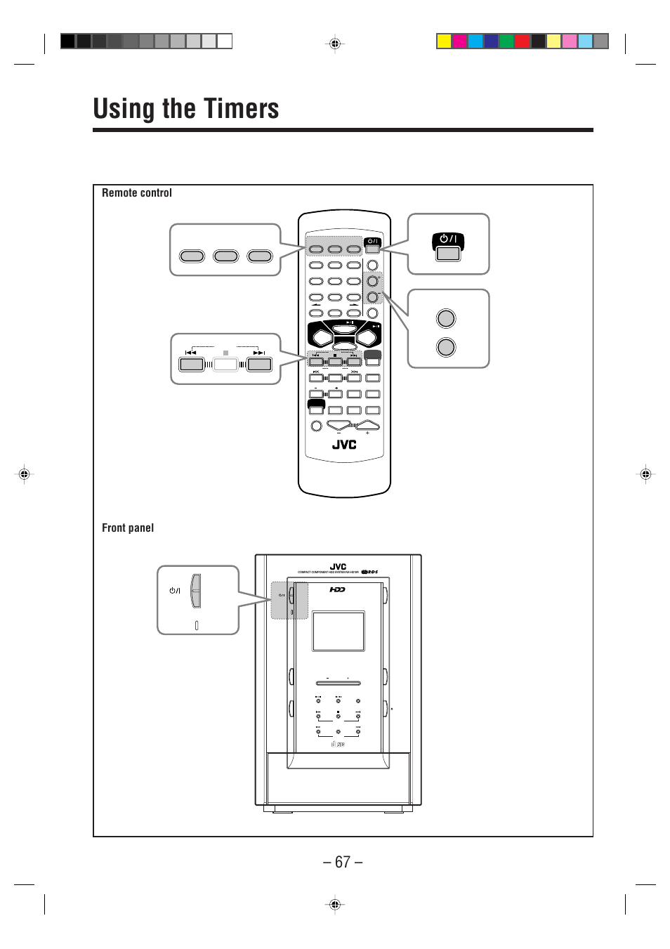 Using the timers, Remote control front panel, A.p.off clock /timer sleep | JVC CA-NXHD10R User Manual | Page 72 / 94