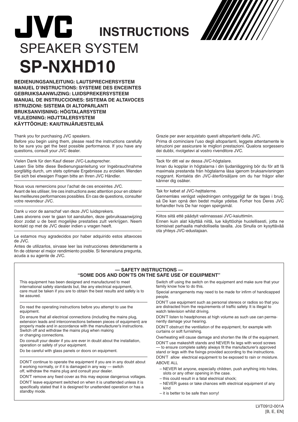 Sp-nxhd10, Speaker system, Instructions | JVC CA-NXHD10R User Manual | Page 89 / 94