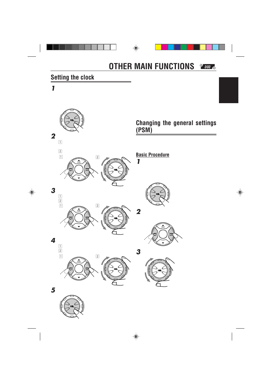 Other main functions, Setting the clock, Changing the general settings (psm) | Setting the clock 1 | JVC GET0074-001A User Manual | Page 25 / 40