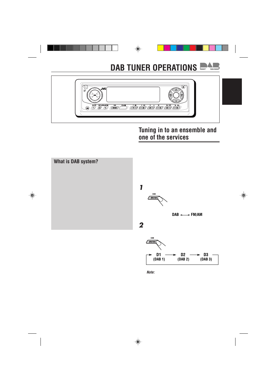 Dab tuner operations, Tuning in to an ensemble and one of the services | JVC GET0074-001A User Manual | Page 33 / 40