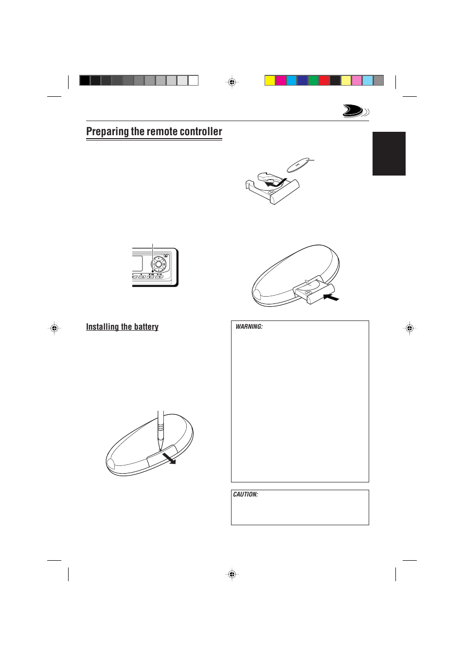 Preparing the remote controller, Installing the battery, English | JVC GET0074-001A User Manual | Page 5 / 40