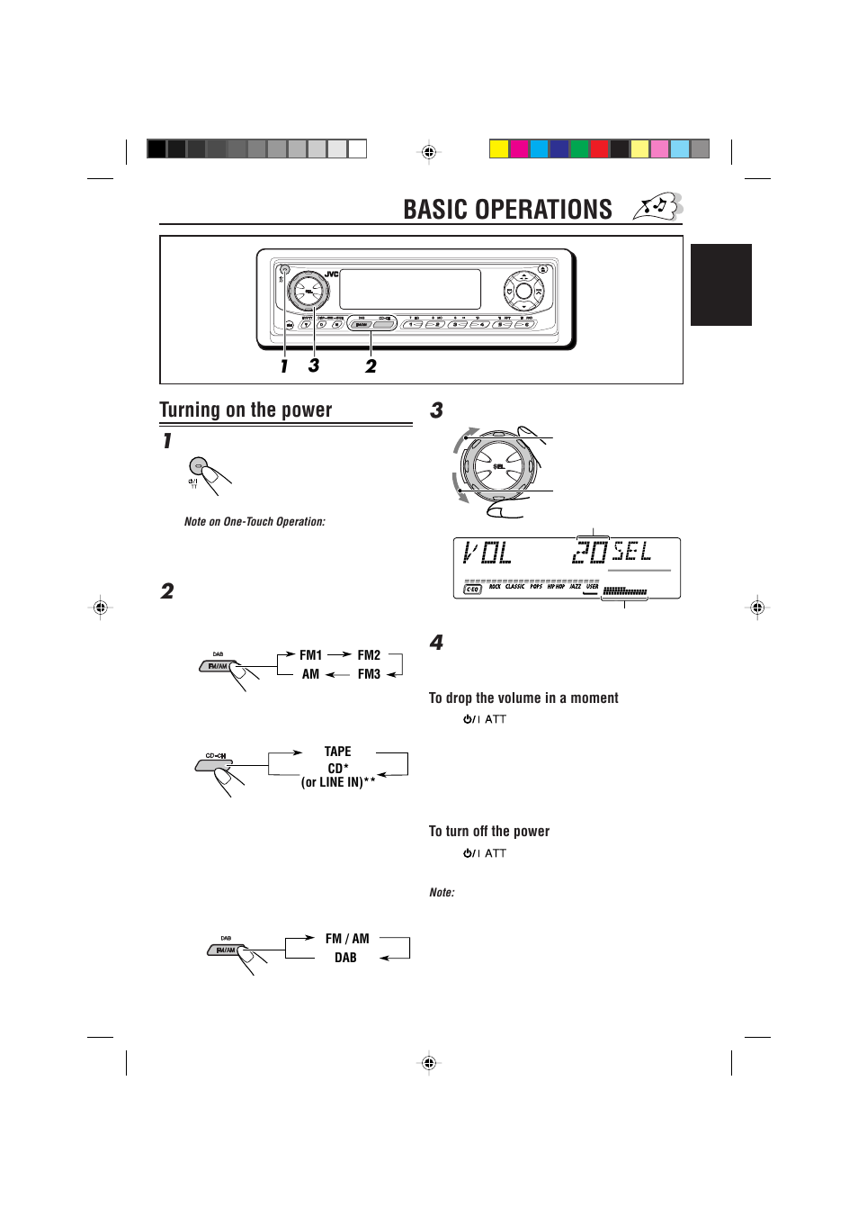 Basic operations, Turning on the power, Turning on the power 1 | JVC GET0074-001A User Manual | Page 7 / 40