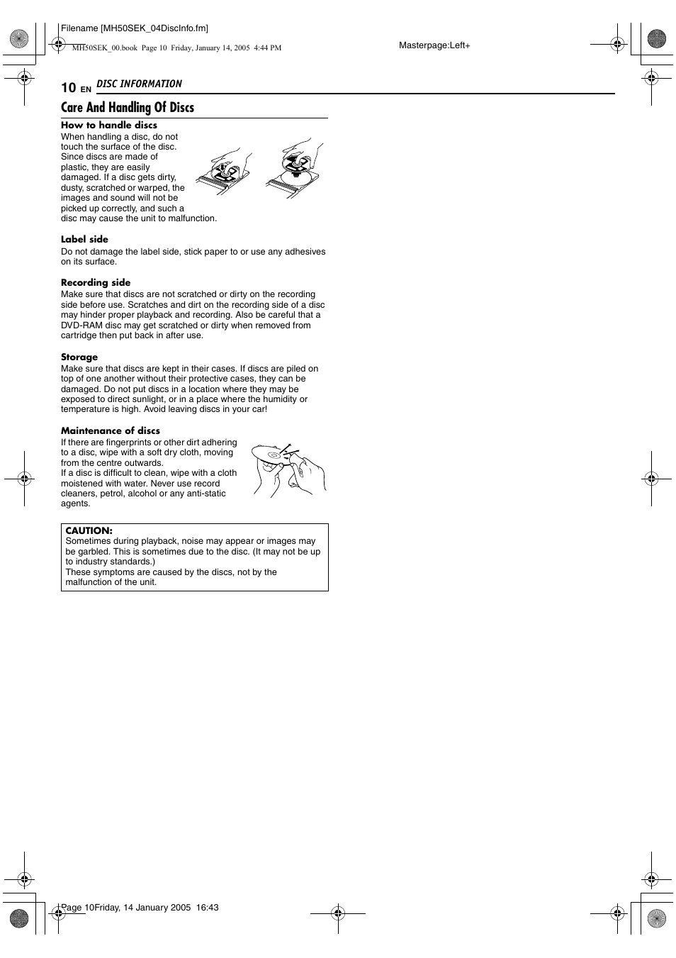 Care and handling of discs | JVC LPT1029-001A User Manual | Page 10 / 92