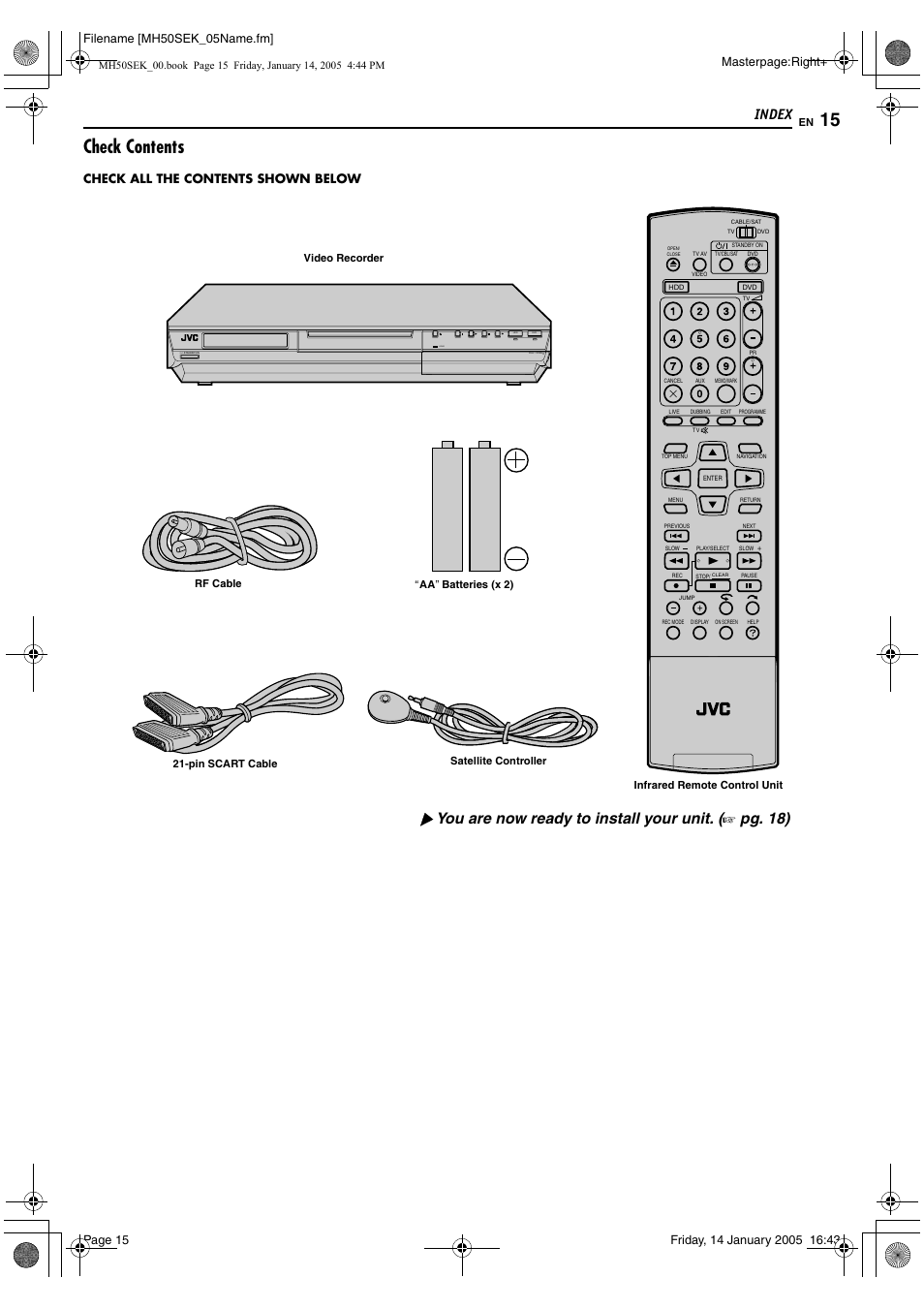 Check contents, Index, You are now ready to install your unit | Pg. 18), Video, Masterpage:right, Filename [mh50sek_05name.fm, Check all the contents shown below | JVC LPT1029-001A User Manual | Page 15 / 92