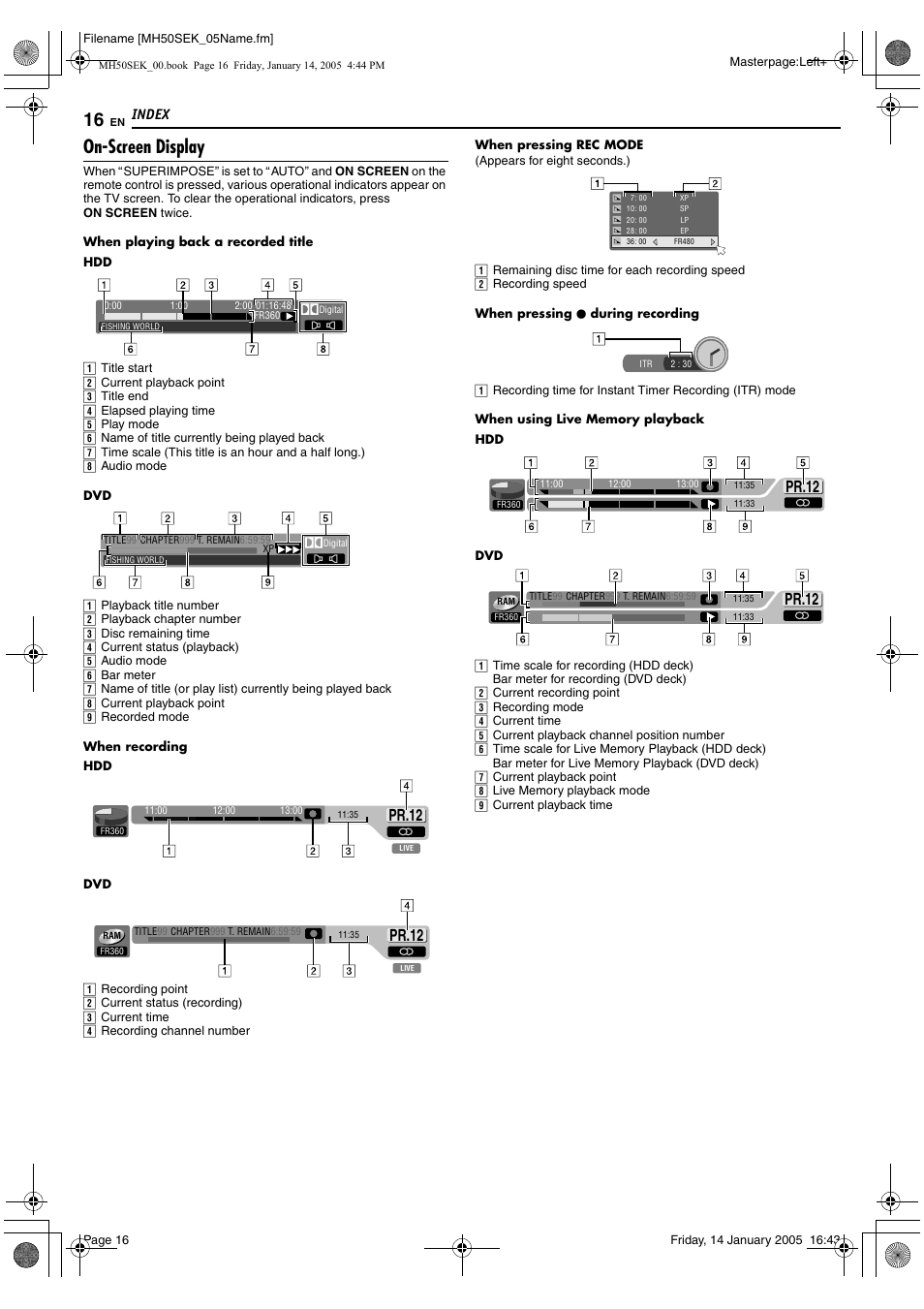 A pg. 16, 31, On-screen display, Pr.12 | Index | JVC LPT1029-001A User Manual | Page 16 / 92