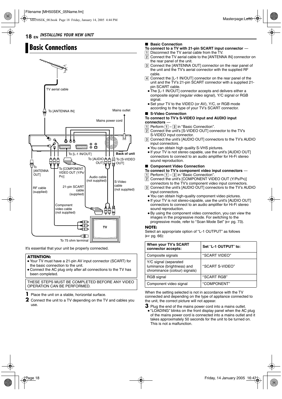 Installing your new unit, Basic connections, A pg. 18 | A pg. 18, 65, 70 | JVC LPT1029-001A User Manual | Page 18 / 92