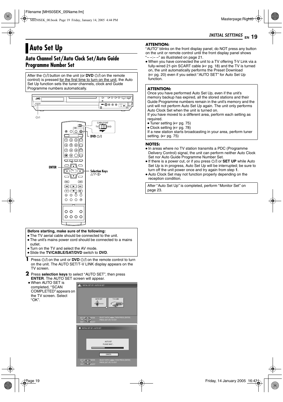 Initial settings, Auto set up, A pg. 19 | JVC LPT1029-001A User Manual | Page 19 / 92
