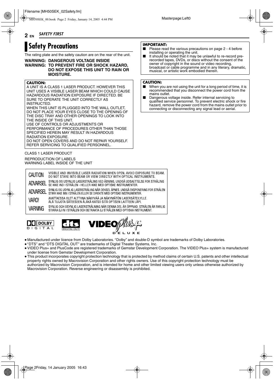 Safety first, Safety precautions | JVC LPT1029-001A User Manual | Page 2 / 92