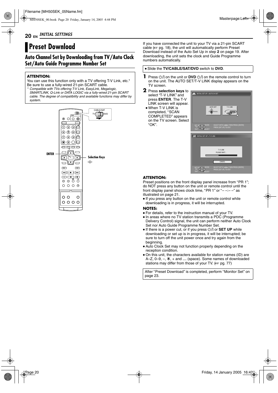 Preset download, A pg. 20) e, Initial settings | JVC LPT1029-001A User Manual | Page 20 / 92