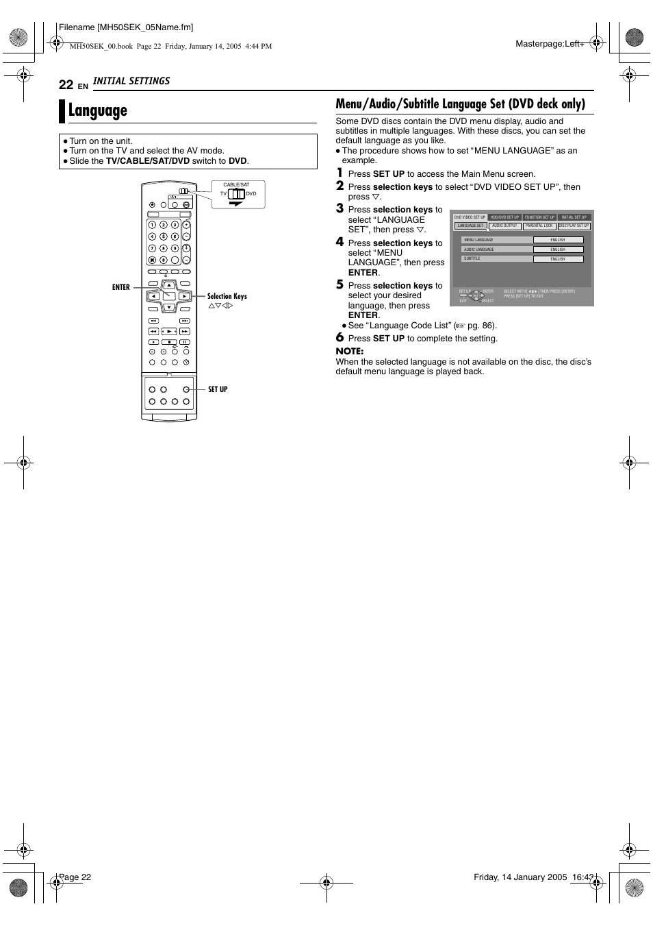 Language, A pg. 22, Menu/audio/subtitle language set (dvd deck only) | Initial settings | JVC LPT1029-001A User Manual | Page 22 / 92
