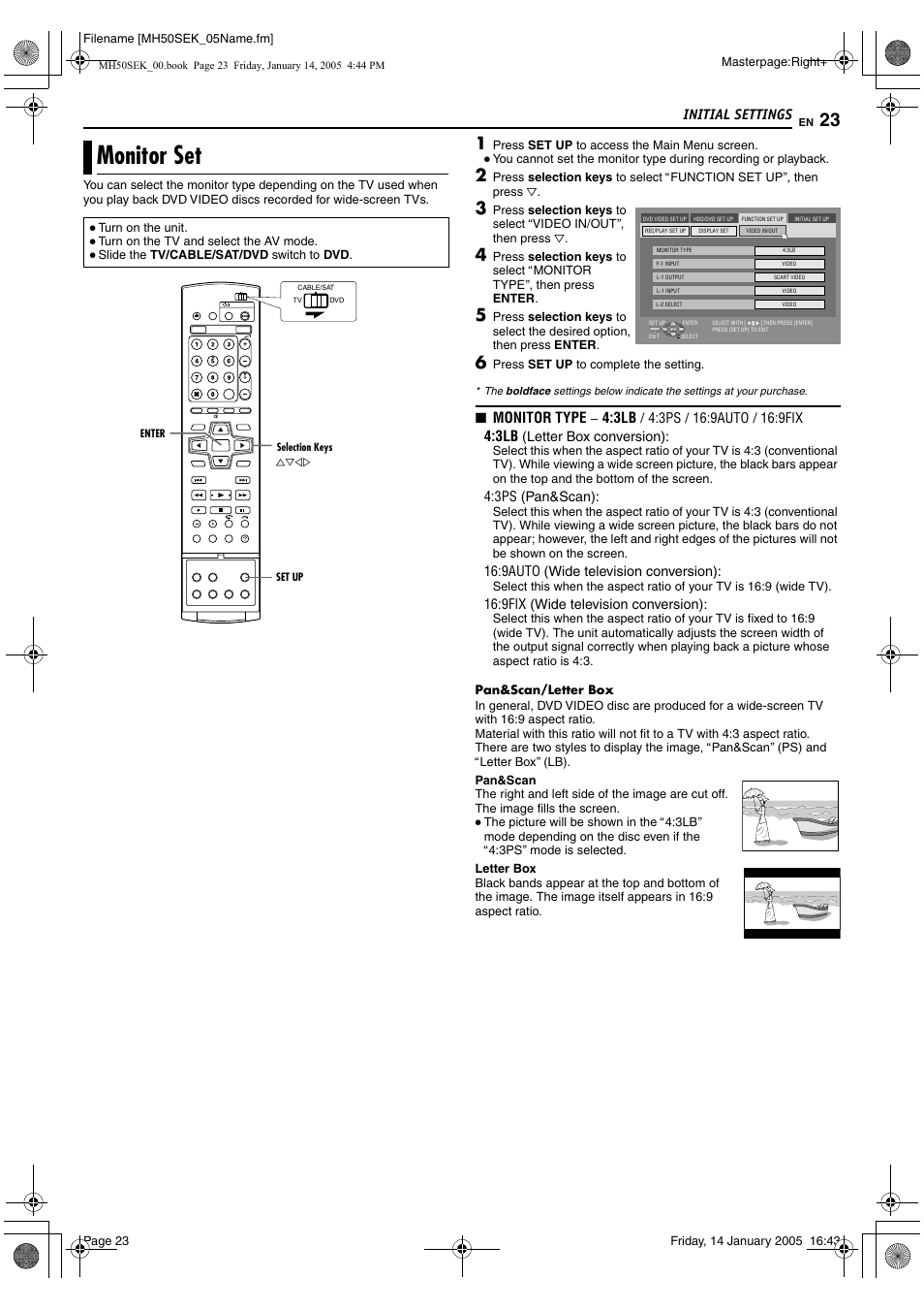 Monitor set, Amonitor setb on, Amonitor setb | Initial settings, Monitor type | JVC LPT1029-001A User Manual | Page 23 / 92