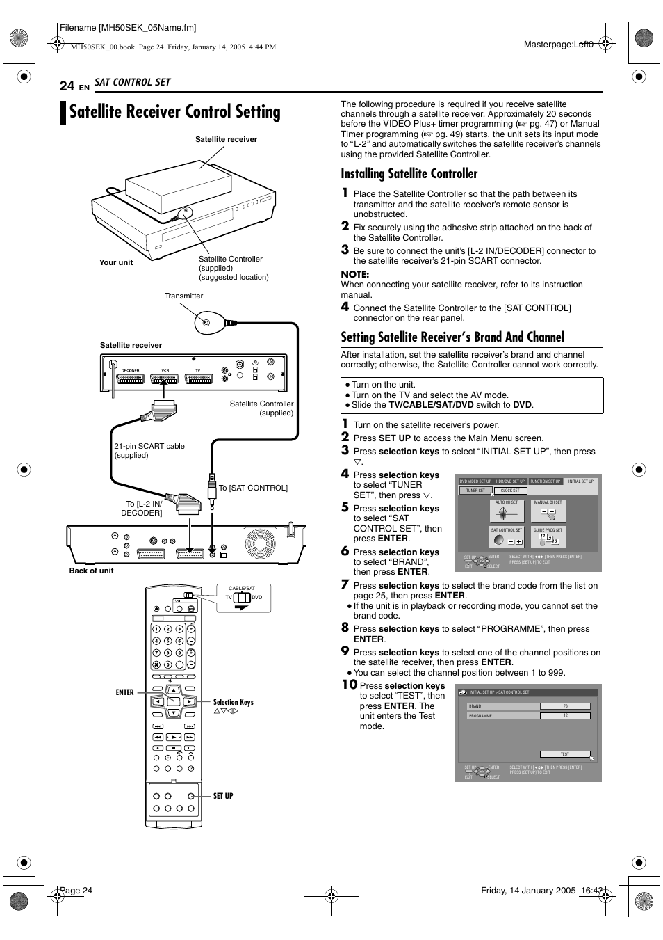 Sat control set, Satellite receiver control setting, A pg. 24 | Installing satellite controller, Setting satellite receiver’s brand and channel | JVC LPT1029-001A User Manual | Page 24 / 92