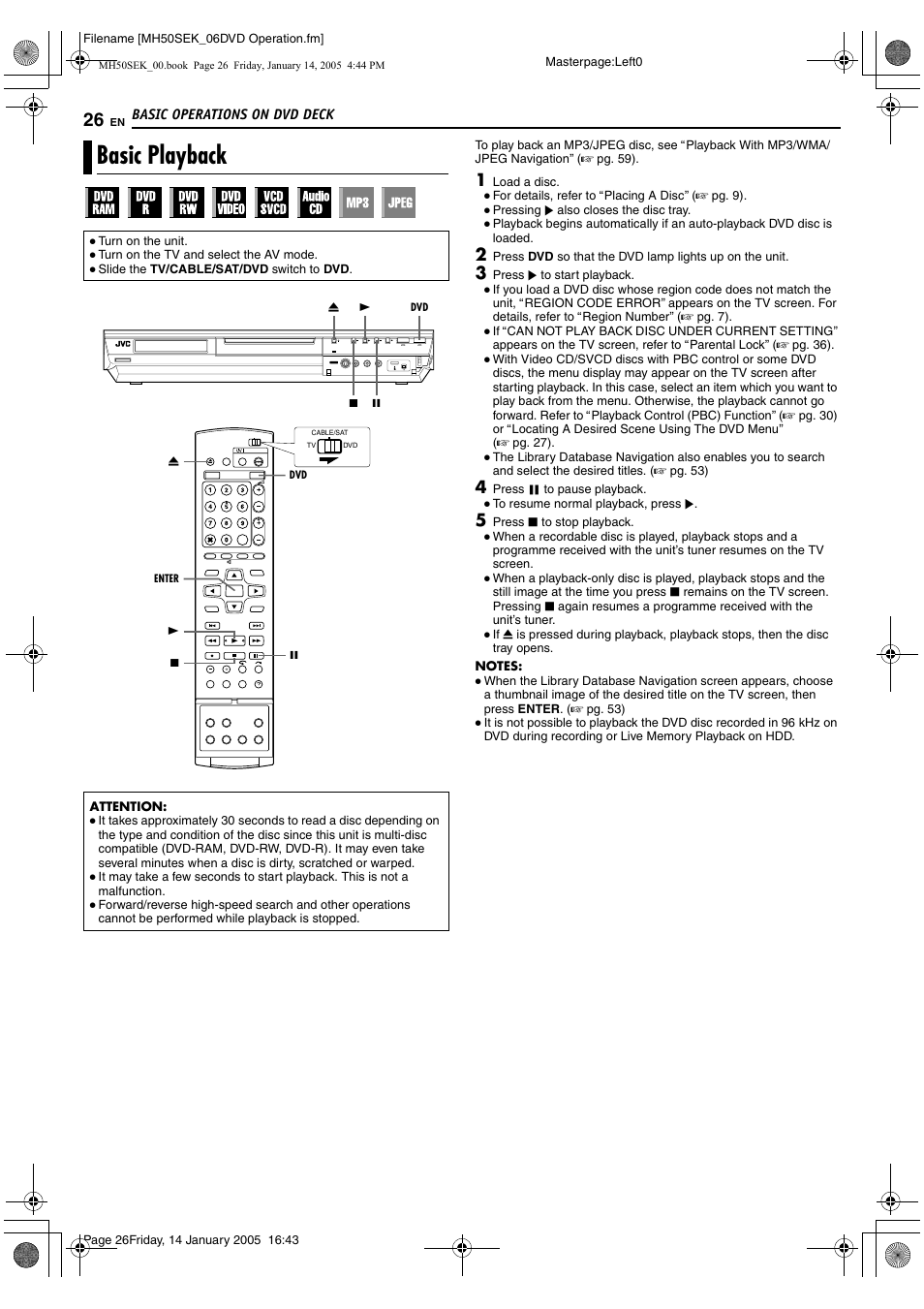 Basic operations on dvd deck, Basic playback, A pg. 26, 42 | A pg. 26, N* a pg. 26, A pg. 26, 4 | JVC LPT1029-001A User Manual | Page 26 / 92