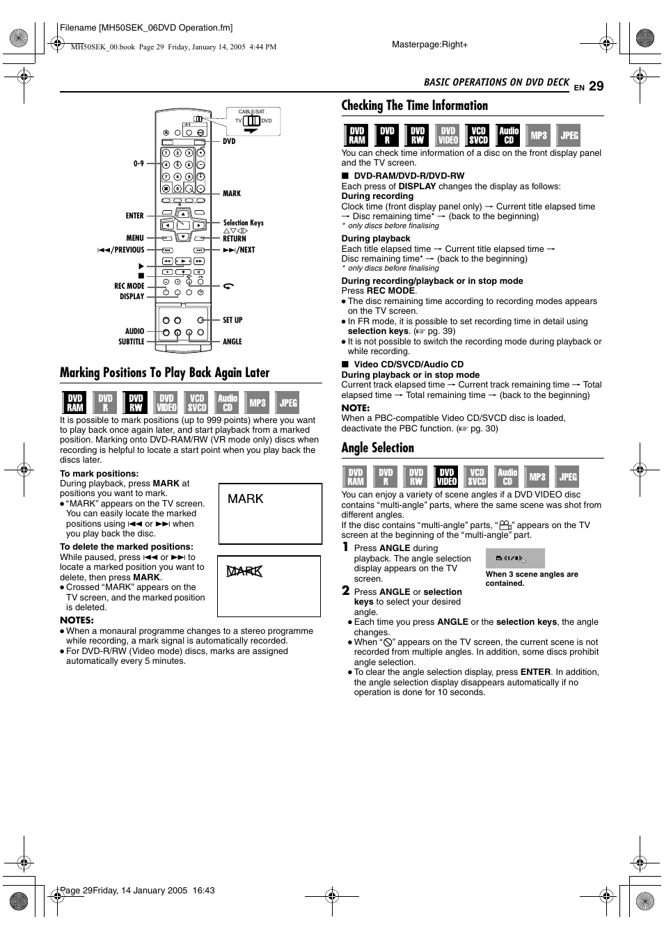 Tor a pg. 29, 38, A pg. 29, 3, A pg. 29, 38 | A pg. 29, Marking positions to play back again later, Checking the time information, Angle selection | JVC LPT1029-001A User Manual | Page 29 / 92