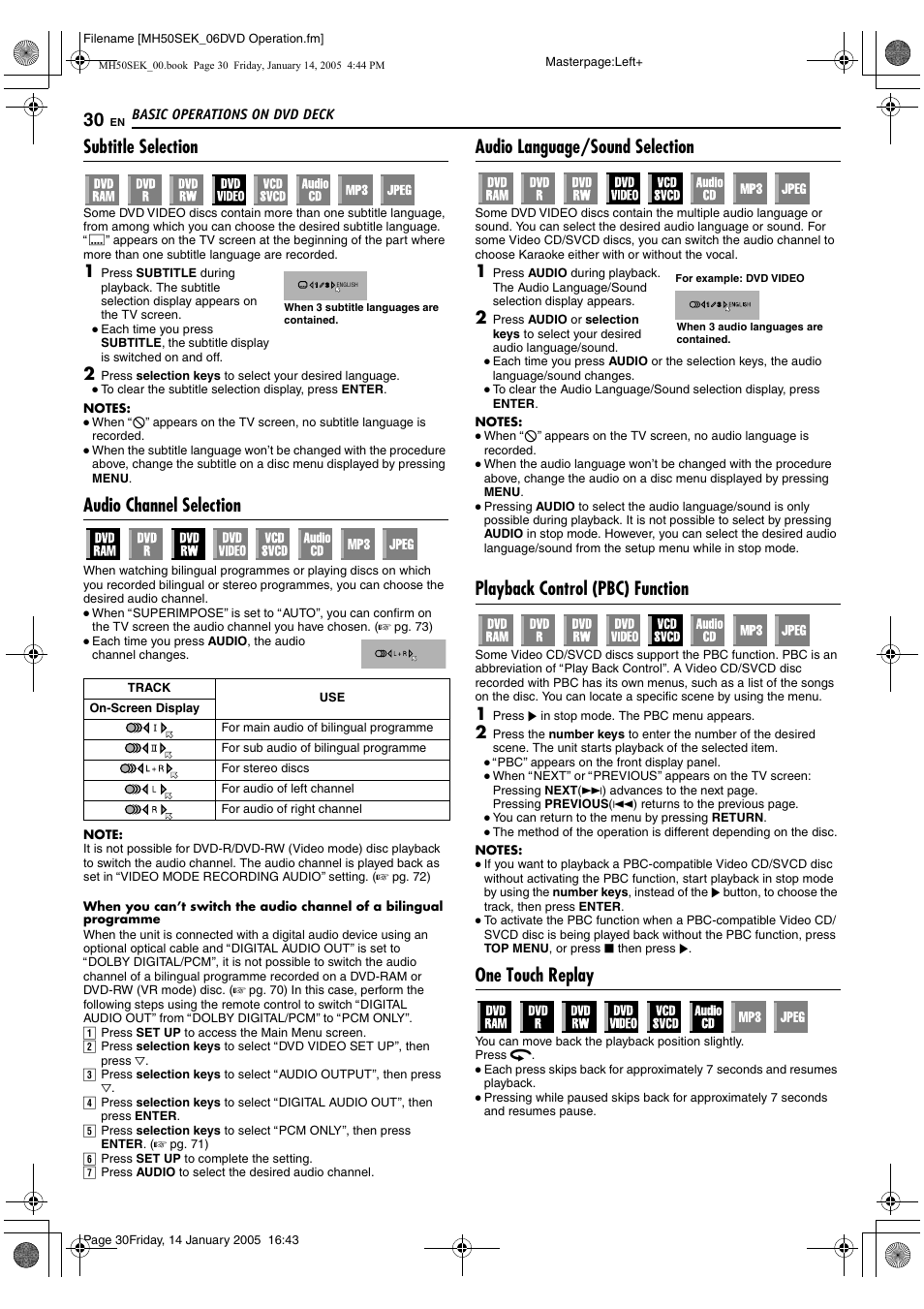 A pg. 30, A pg. 30, 33, 47, Aplayback control (pbc) functionb (a pg. 30) | Subtitle selection, Audio channel selection, Audio language/sound selection, Playback control (pbc) function, One touch replay | JVC LPT1029-001A User Manual | Page 30 / 92