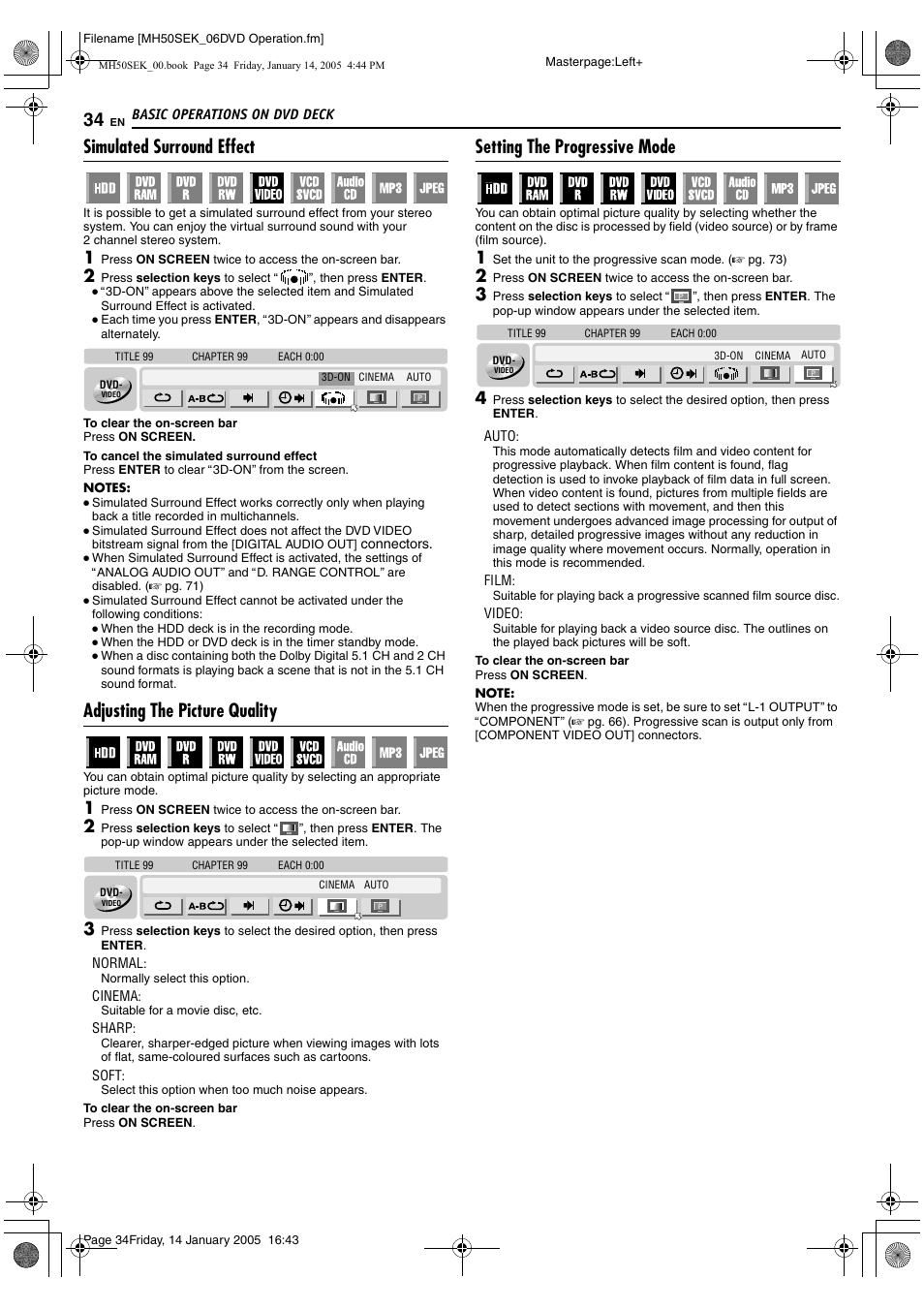 A pg. 34, A pg. 34), R picture control function. (a pg. 34) | Simulated surround effect, Adjusting the picture quality, Setting the progressive mode | JVC LPT1029-001A User Manual | Page 34 / 92