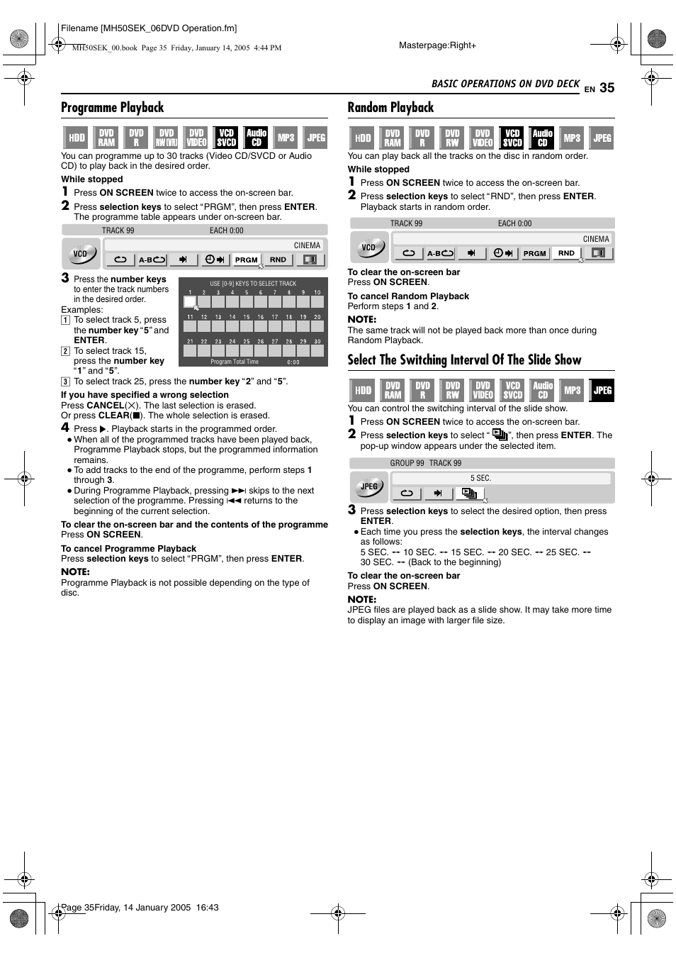 A pg. 35, K. (a pg. 35), A pg. 35) | Programme playback, Random playback, Select the switching interval of the slide show | JVC LPT1029-001A User Manual | Page 35 / 92