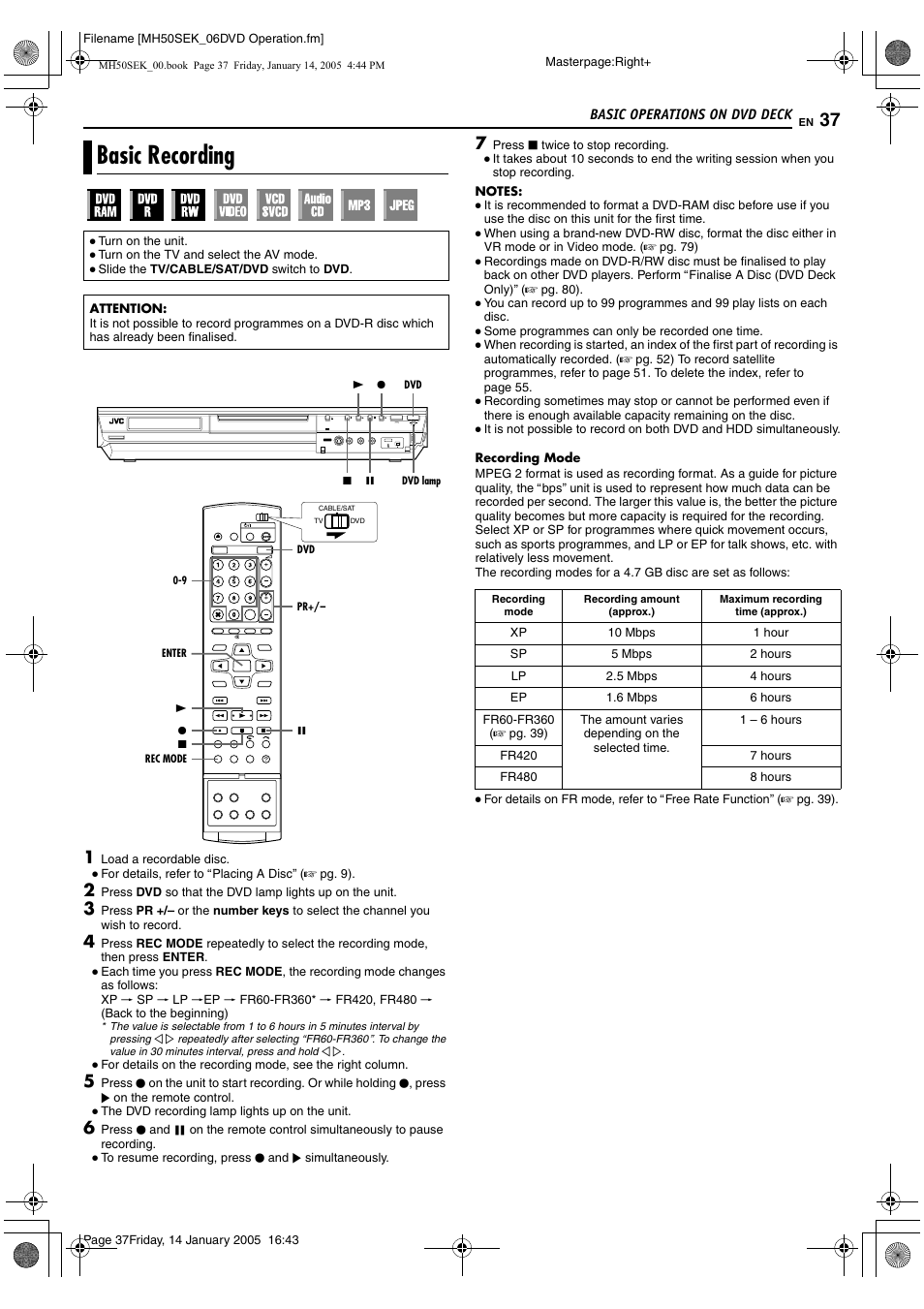 Basic recording, A pg. 37, 40, A pg. 37 | A pg. 37, 6 | JVC LPT1029-001A User Manual | Page 37 / 92