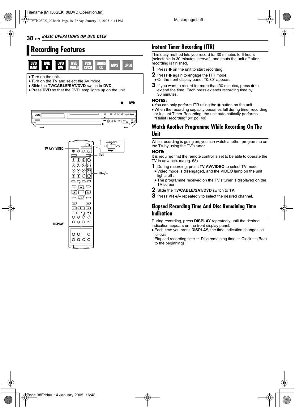 Recording features, A pg. 38, 41, A pg. 38, 4 | Instant timer recording (itr) | JVC LPT1029-001A User Manual | Page 38 / 92