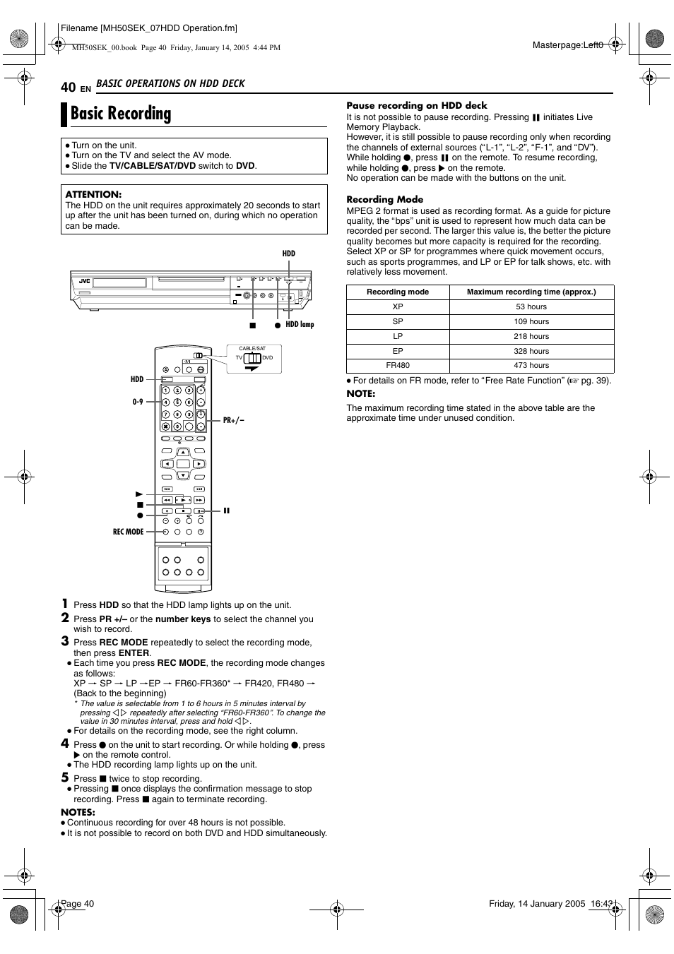 Basic operations on hdd deck, Basic recording, A pg. 40 | JVC LPT1029-001A User Manual | Page 40 / 92