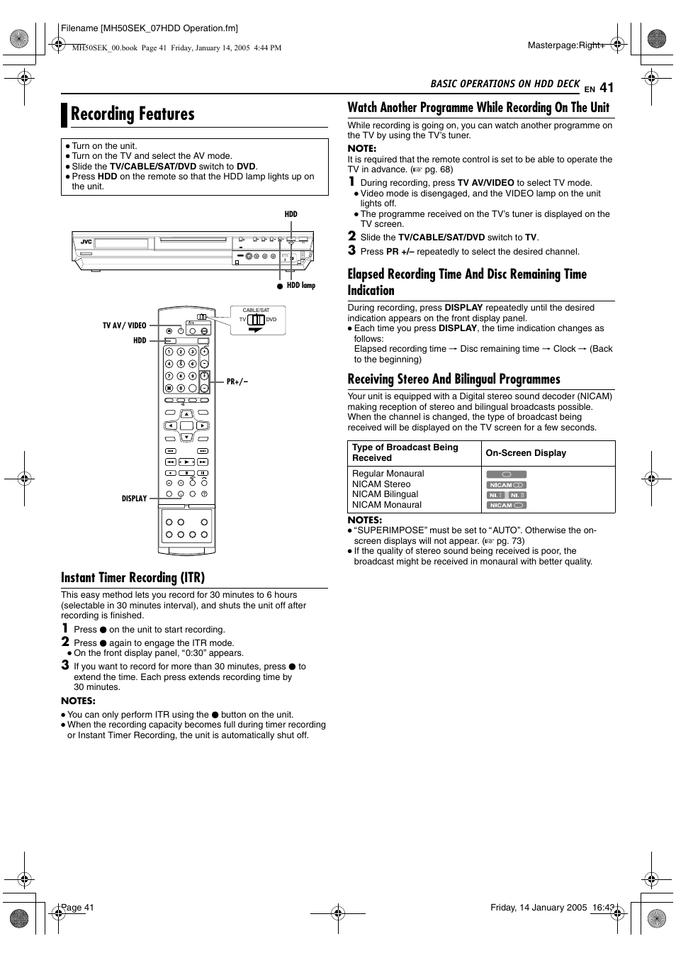 Recording features, Instant timer recording (itr), Receiving stereo and bilingual programmes | JVC LPT1029-001A User Manual | Page 41 / 92
