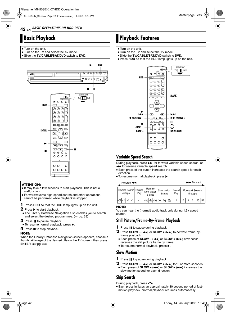 Basic playback, Playback features, Basic playback playback features | Variable speed search, Still picture/frame-by-frame playback, Slow motion, Skip search | JVC LPT1029-001A User Manual | Page 42 / 92