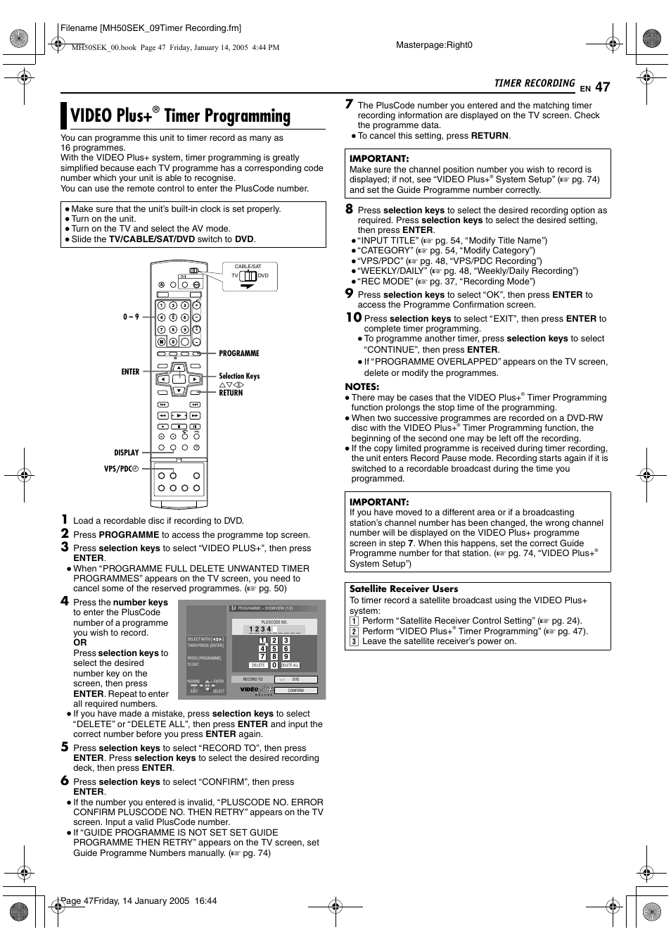 Timer recording, Video plus+ timer programming, Video plus | A pg. 47, 49, A pg. 47), Recording (a pg. 47, 49), Avideo plus, Timer programming, B (a pg. 47), G (a pg. 47, 49) | JVC LPT1029-001A User Manual | Page 47 / 92