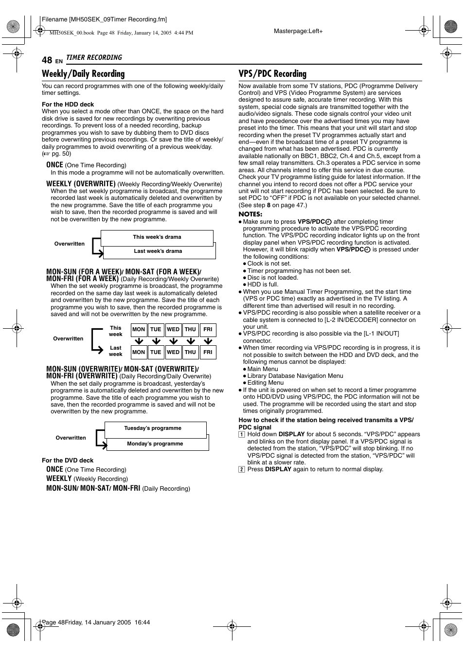 Recording (a pg. 48), Vps/pdc indicator a pg. 48, A pg. 48 | Weekly/daily recording, Vps/pdc recording | JVC LPT1029-001A User Manual | Page 48 / 92