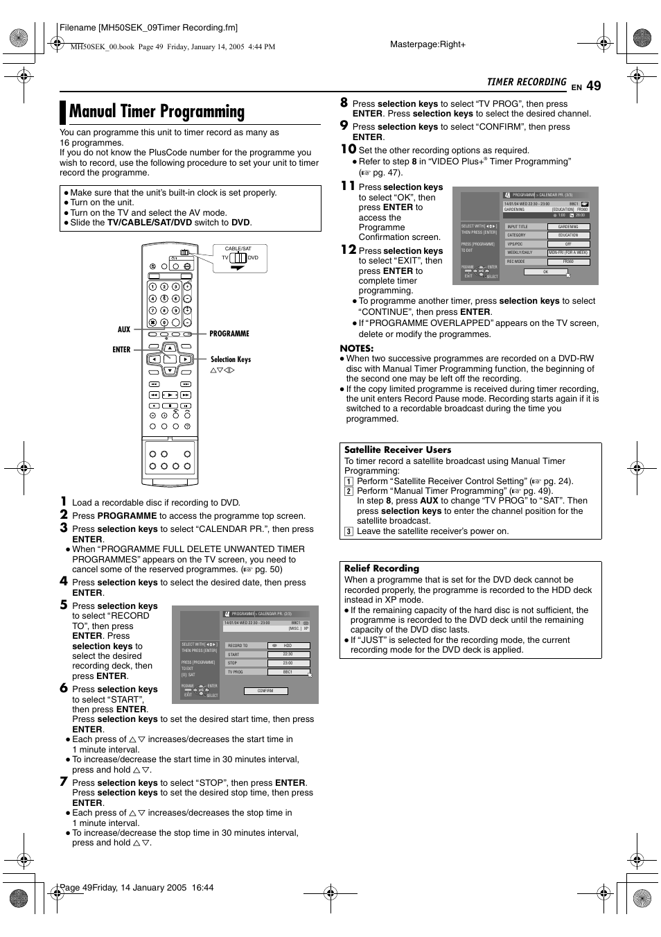Manual timer programming, A pg. 49, 74, Arelief recordingb (a pg. 49). t | Timer recording | JVC LPT1029-001A User Manual | Page 49 / 92